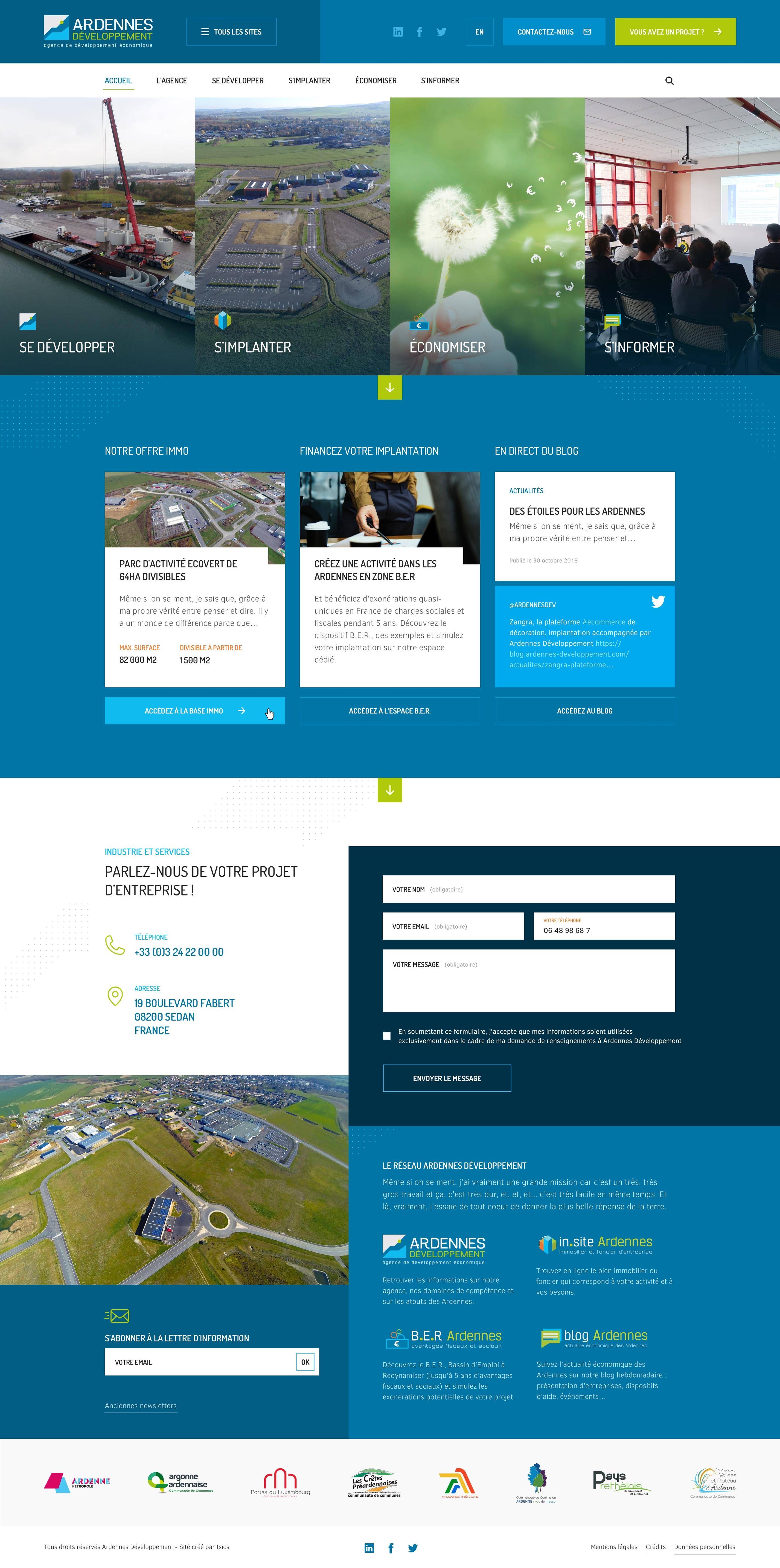 Version desktop du site vitrine d'Ardennes Développement réalisé par ISICS